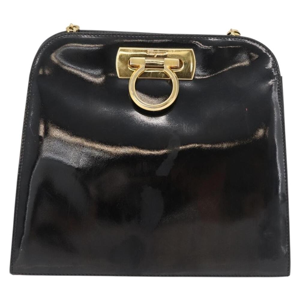 Salvatore Ferragamo Patent Gancini Chain Shoulder Bag Black